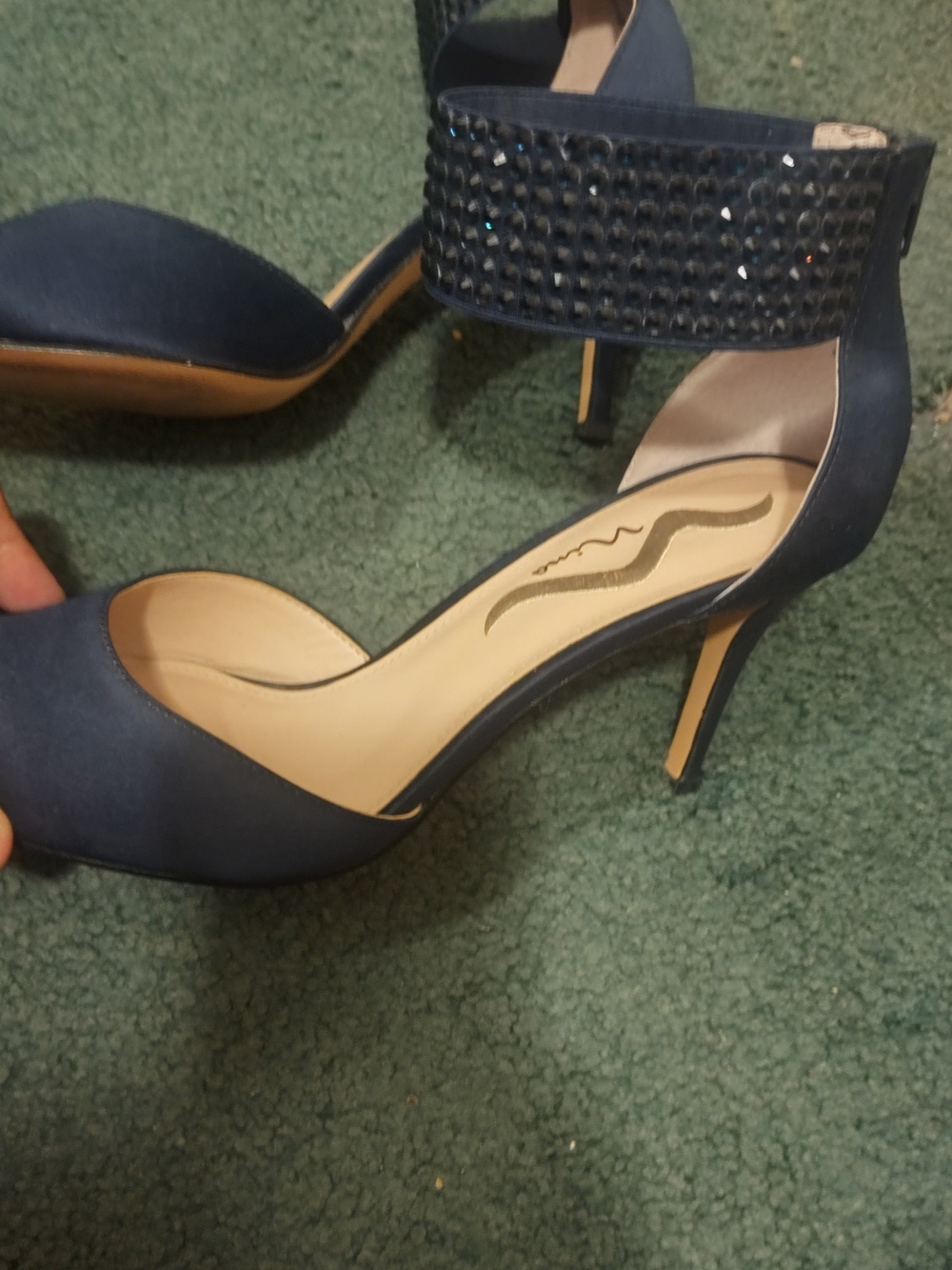 Navy Crystal Ankle-Strap High Heel Pumps